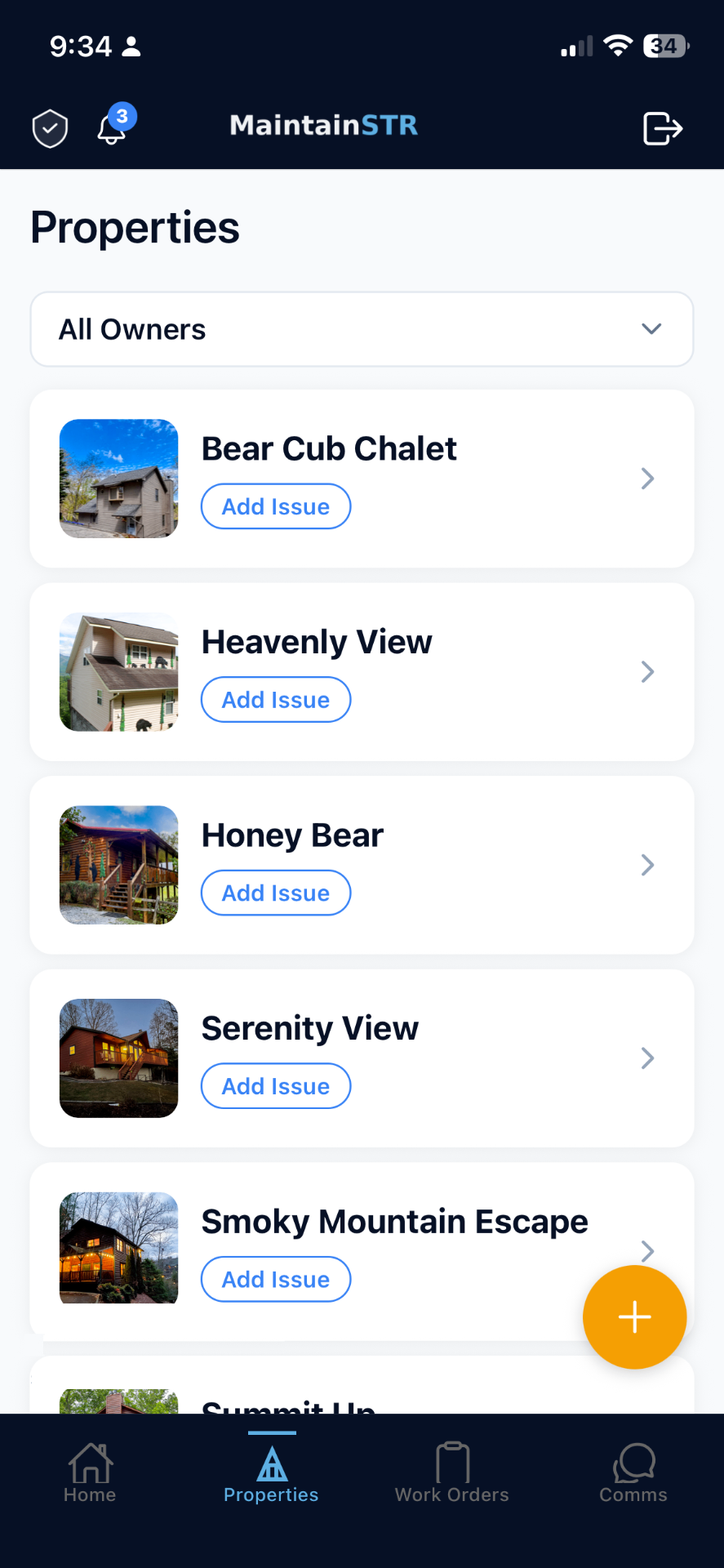 MaintainSTR iPhone app showing a property list with per-property Add Issue buttons