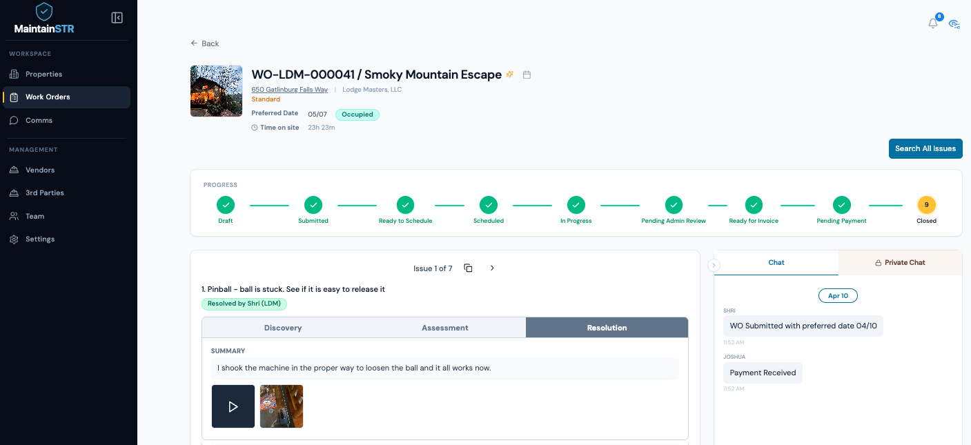 MaintainSTR work order detail with progress pipeline, issue documentation across Discovery, Assessment, and Resolution phases, repair photos and video, and live chat