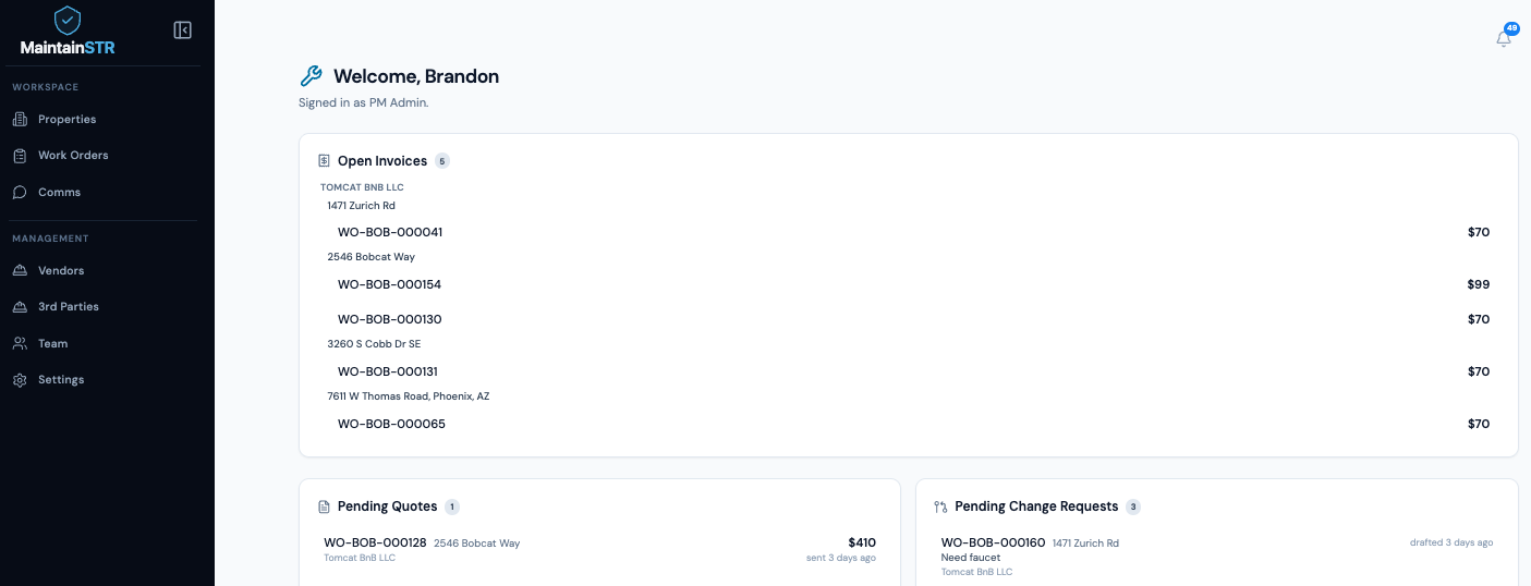 MaintainSTR property manager dashboard showing open invoices, pending quotes, and pending change requests