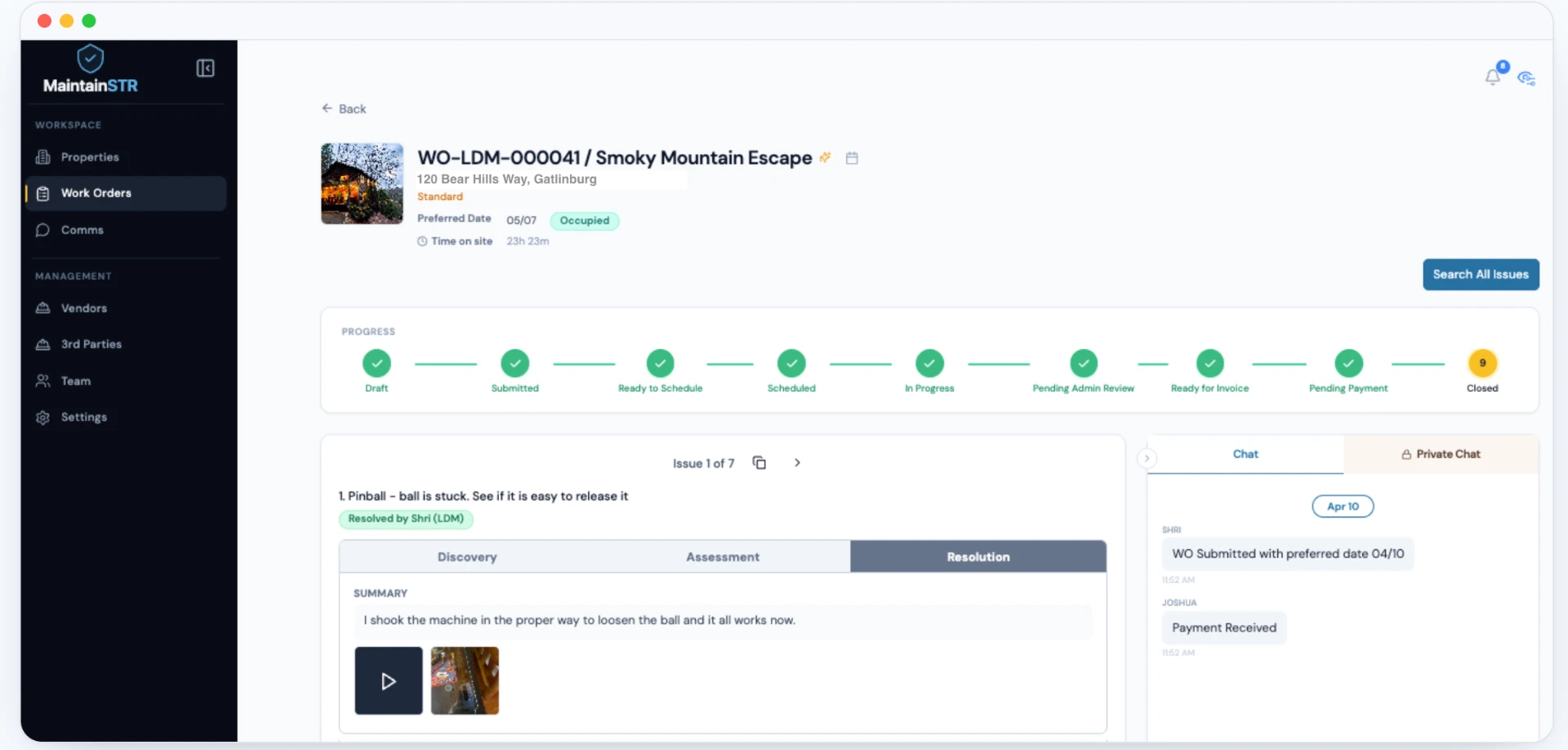 MaintainSTR work order detail with progress pipeline, issue documentation across Discovery, Assessment, and Resolution phases, repair photos and video, and live chat