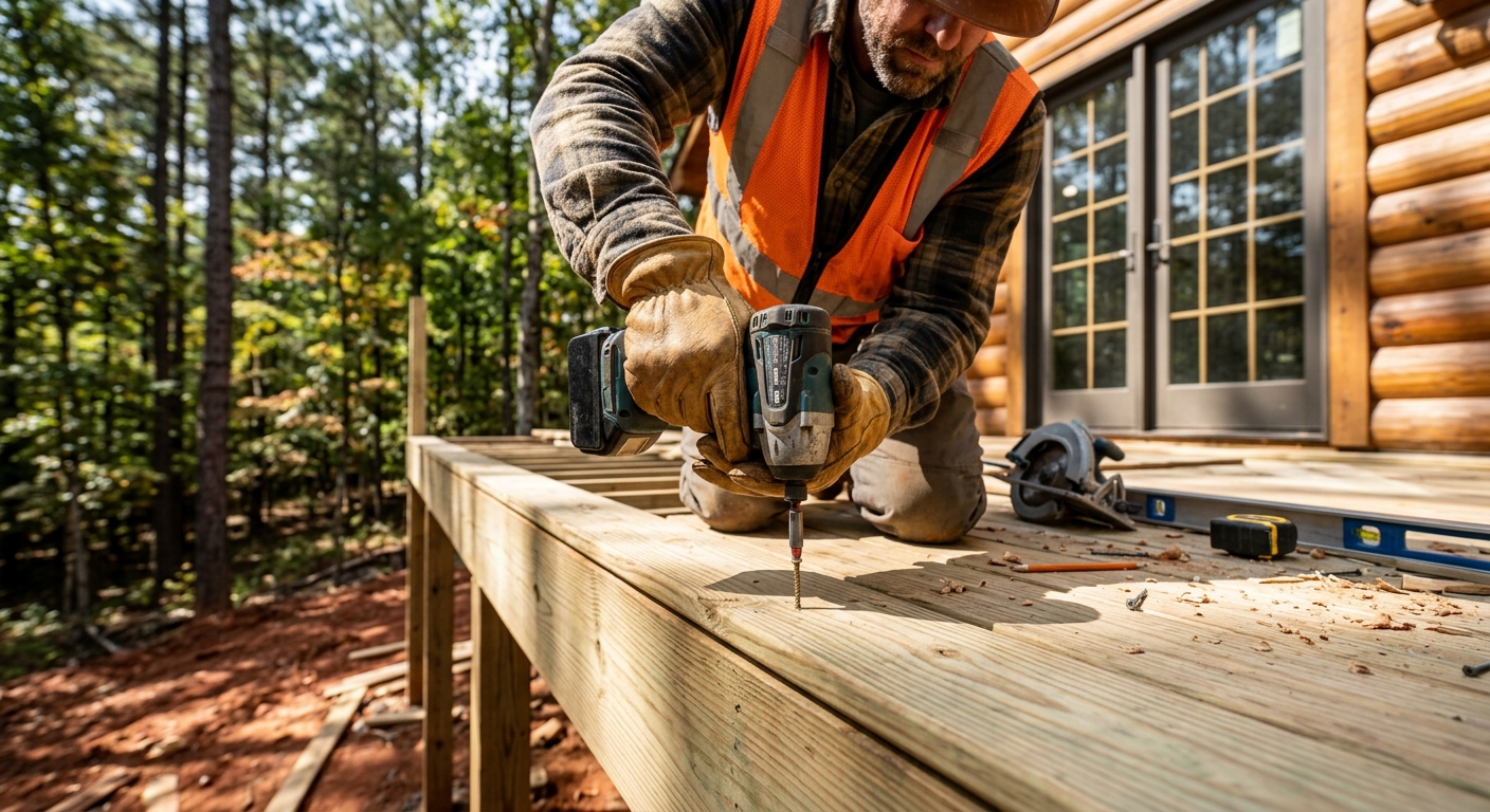 Close-up of hands-on tool work: drilling deck boards on a cabin