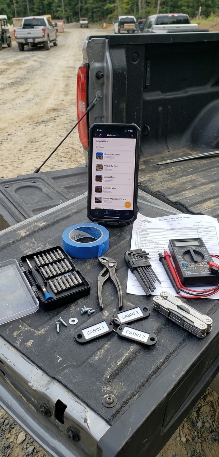 Tools, cabin keys, and the MaintainSTR app laid out on a work truck tailgate