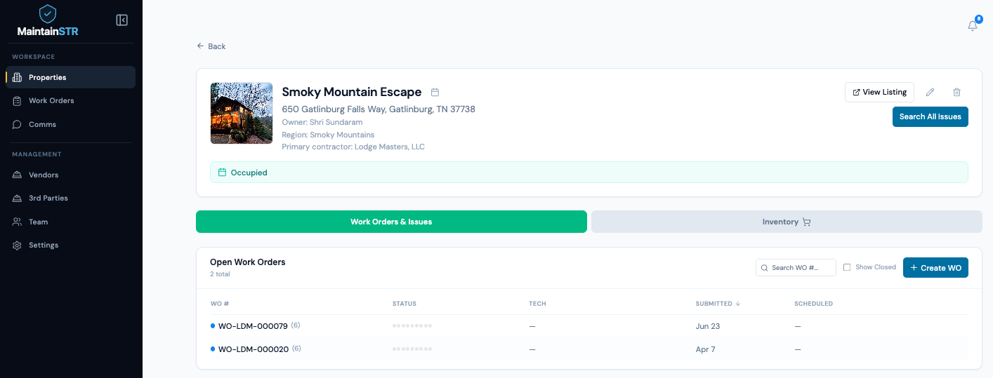 MaintainSTR property detail view showing Smoky Mountain Escape with occupied status and open work orders